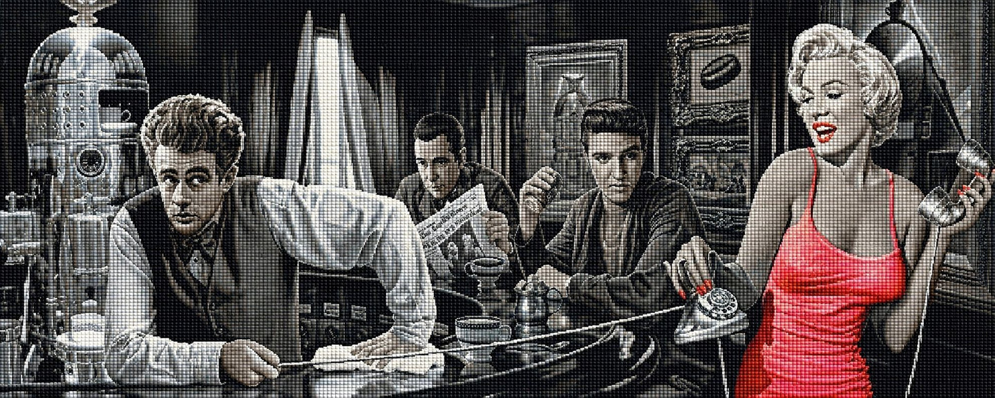 Diamond Painting von Marilyn Monroe, James Dean und Elvis Presley in einer Bar in Schwarz-Weiß mit rotem Kleid. Mockup.