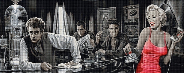Diamond Painting von Marilyn Monroe, James Dean und Elvis Presley in einer Bar in Schwarz-Weiß mit rotem Kleid. Mockup.