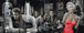Diamond Painting von Marilyn Monroe, James Dean und Elvis Presley in einer Bar in Schwarz-Weiß mit rotem Kleid. Mockup.