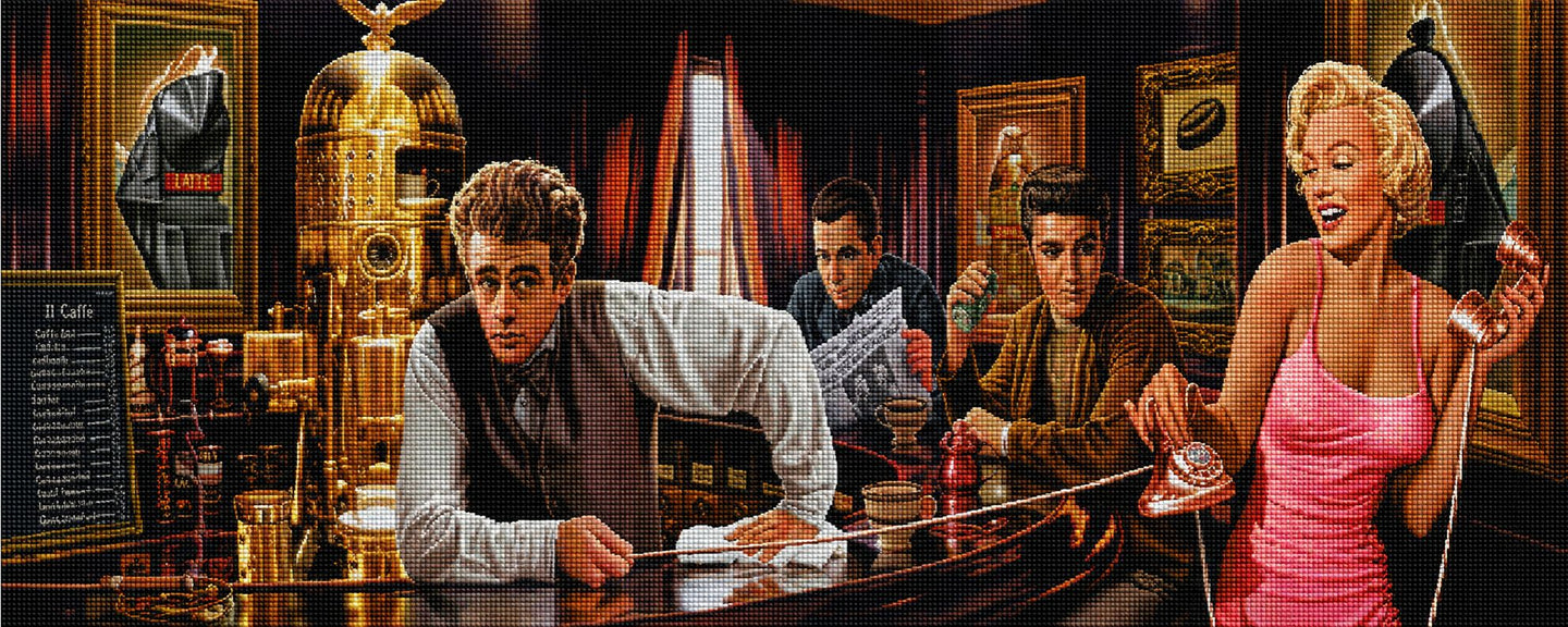 Buntes Diamond Painting von Marilyn Monroe am Telefon mit James Dean und Elvis in einer goldenen Kaffeebar. Mockup.
