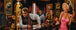 Buntes Diamond Painting von Marilyn Monroe am Telefon mit James Dean und Elvis in einer goldenen Kaffeebar. Mockup.