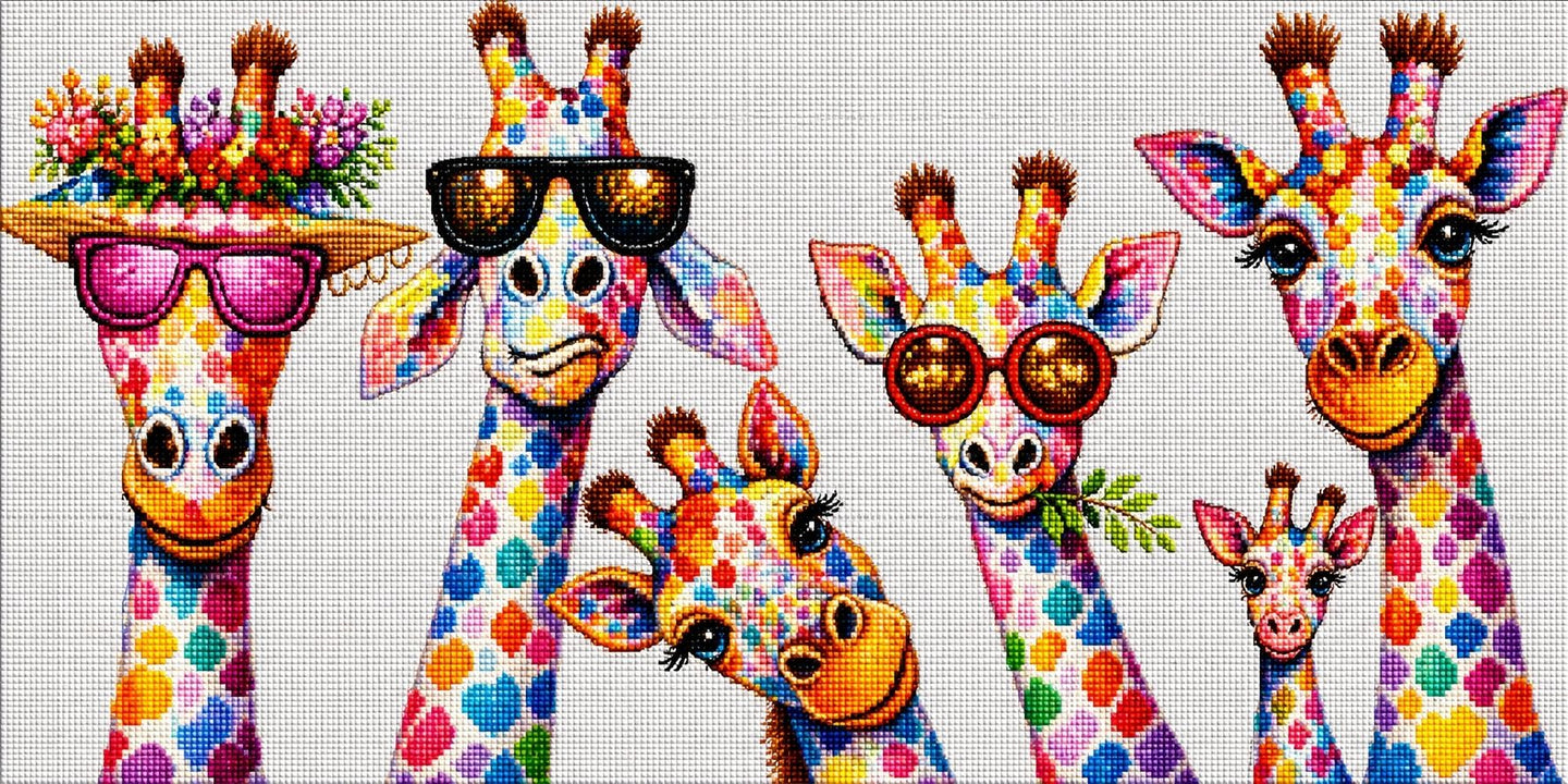 Diamond Painting einer Giraffenfamilie im Panoramaformat mit bunten Farbtupfern, Sonnenbrillen und Blumenkränzen. Mockup.