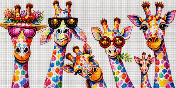 Diamond Painting einer Giraffenfamilie im Panoramaformat mit bunten Farbtupfern, Sonnenbrillen und Blumenkränzen. Mockup.
