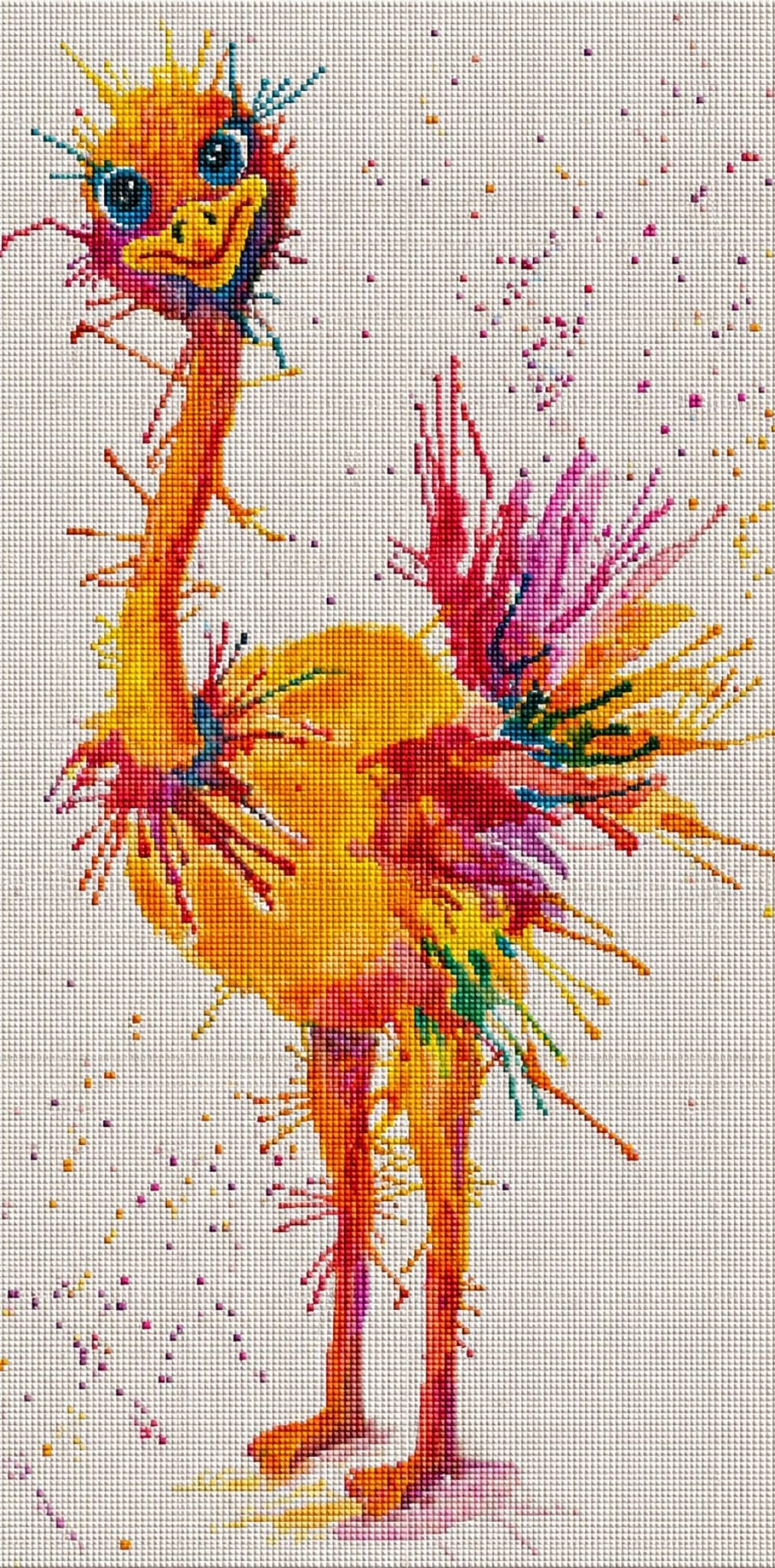 Diamond Painting eines bunten Straußes im Aquarell-Stil mit vielen Farbspritzern in Gelb, Rot und Blau. Mockup.