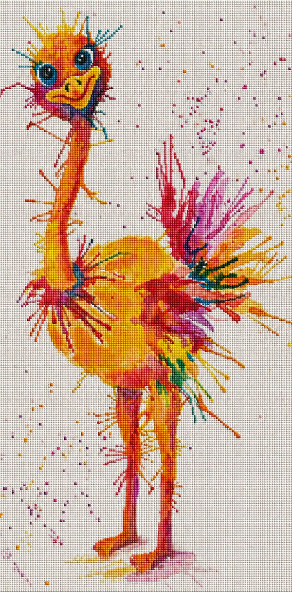 Diamond Painting eines bunten Straußes im Aquarell-Stil mit vielen Farbspritzern in Gelb, Rot und Blau. Mockup.