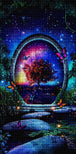 Diamond Painting eines leuchtenden Baumes in einem Torbogen am Wasser bei Nacht mit vielen Schmetterlingen. Mockup.