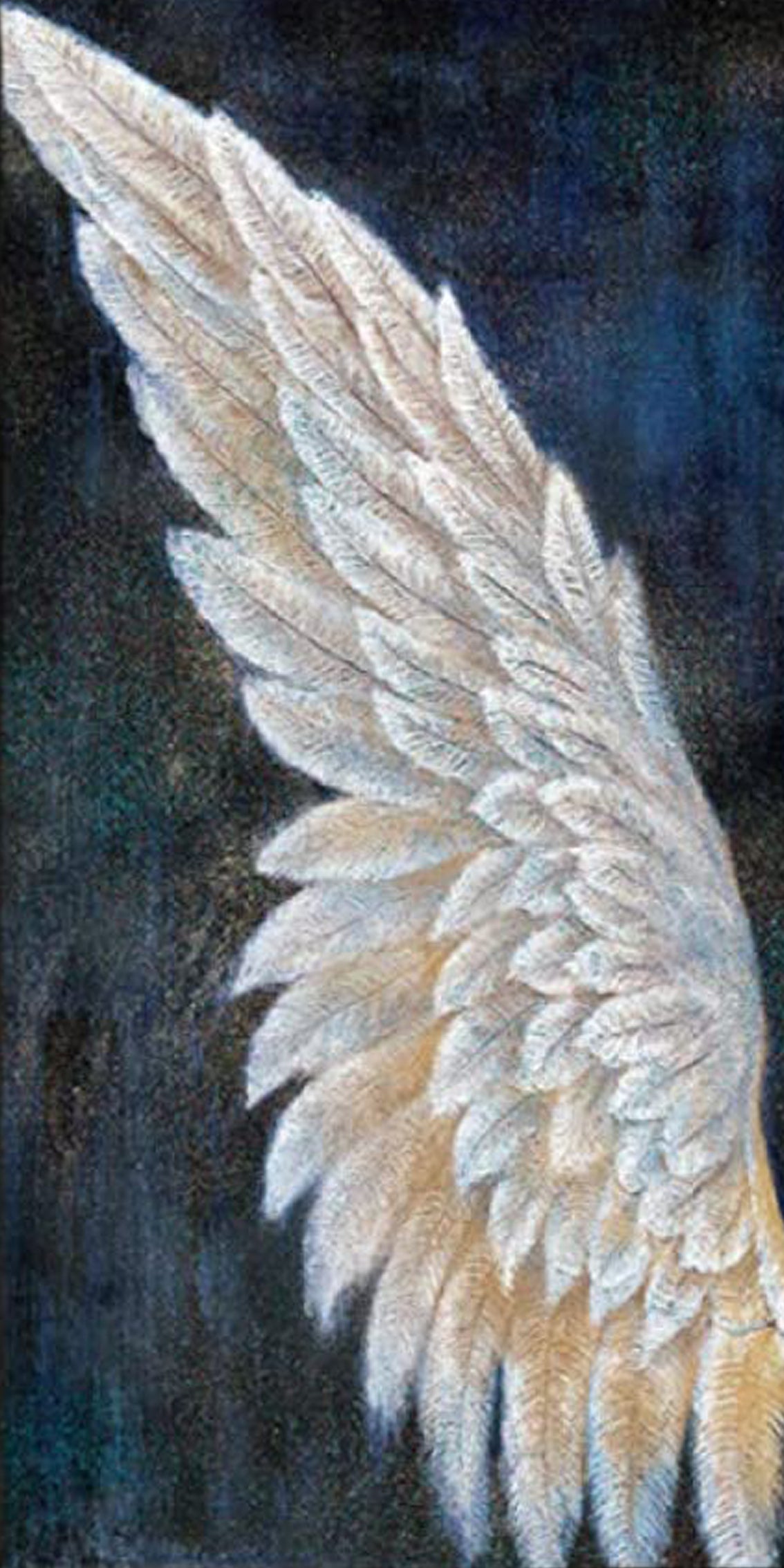 Diamond Painting eines einzelnen weißen Flügels mit goldenen Akzenten auf einem dunklen Hintergrund.