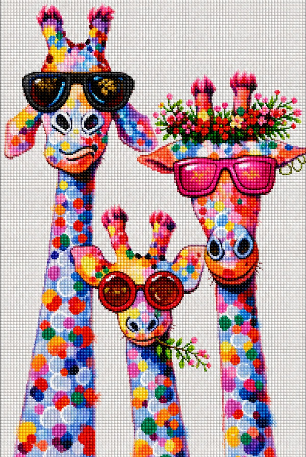 Diamond Painting von drei Giraffen mit Sonnenbrillen und bunten Farbpunkten auf weißem Hintergrund. Mockup.