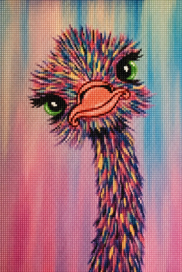 Diamond Painting eines niedlichen Straußenbabys mit großen grünen Augen vor einem rosa-blauen Hintergrund. Mockup.