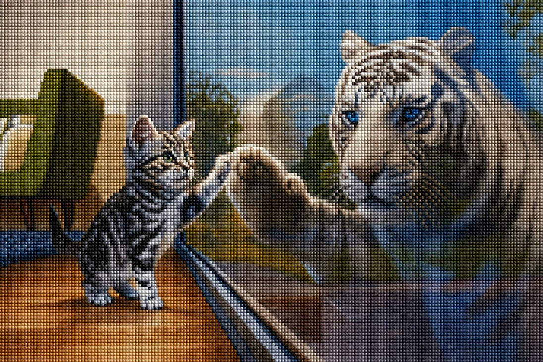 Diamond Painting eines Kätzchens, das seine Pfote an eine Scheibe legt, in der sich ein Tiger spiegelt. Mockup.