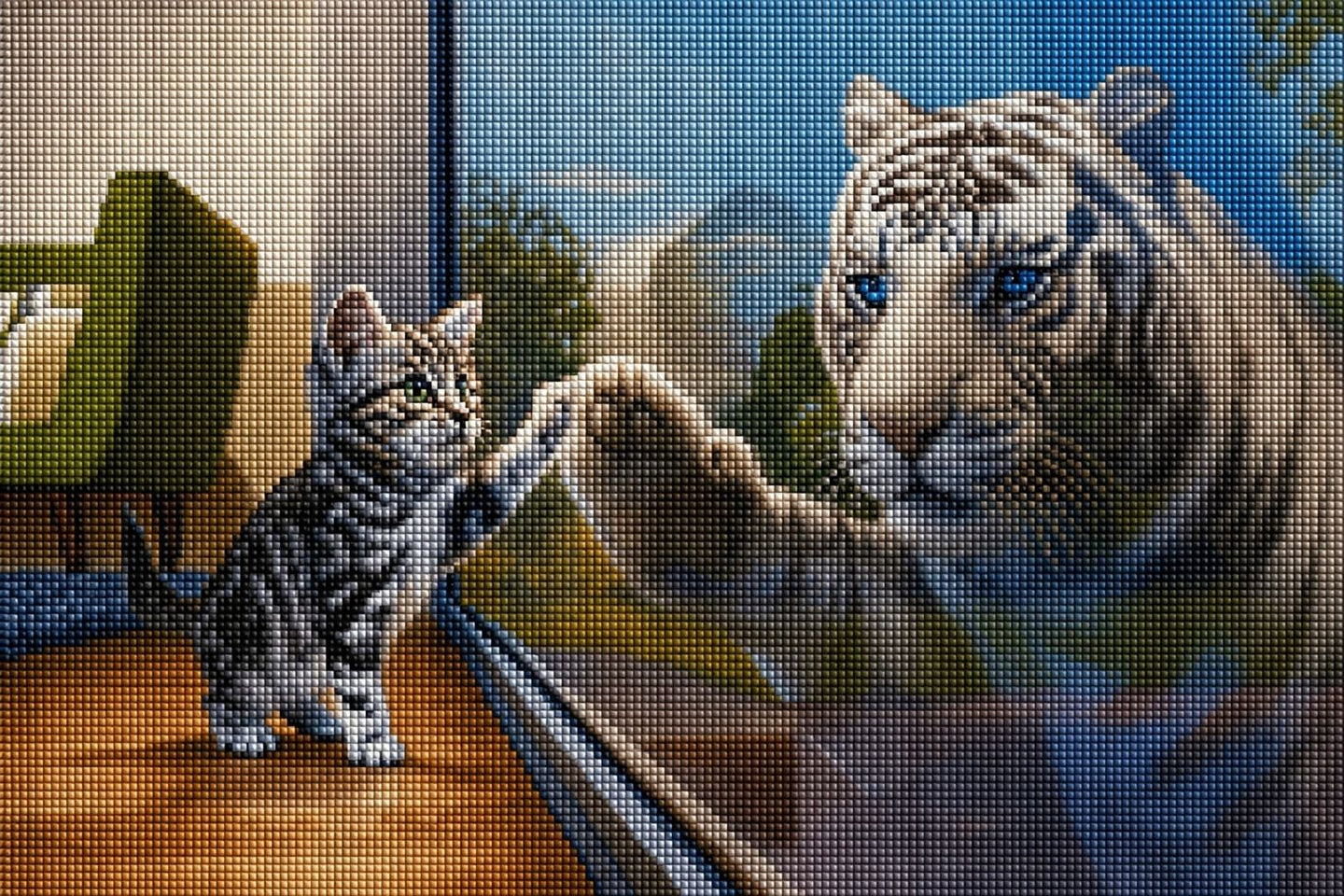 Diamond Painting eines Kätzchens, das seine Pfote an eine Scheibe legt, in der sich ein Tiger spiegelt. Mockup.