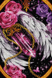 Diamond Painting eines großen rosa Kristalls mit Engelsflügeln, Rosen und Schmetterlingen auf schwarzem Grund. Mockup.