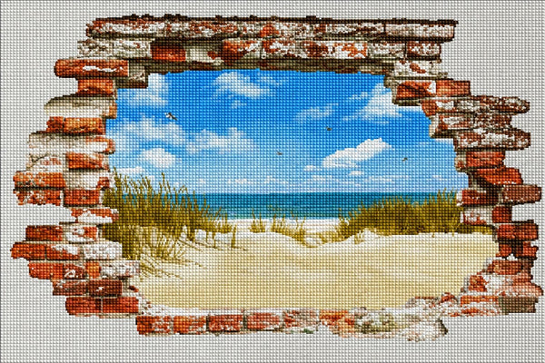 Diamond Painting eines 3D-Mauerdurchbruchs mit Blick auf einen Sandstrand, Dünen und das blaue Meer. Mockup.