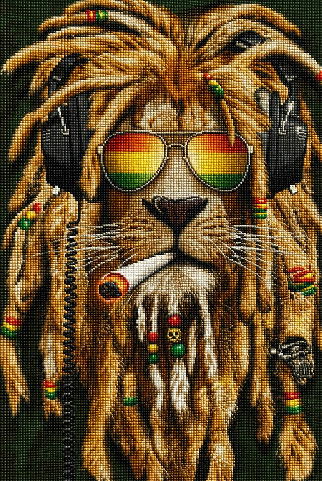 Diamond Painting eines Löwen mit Dreadlocks, Sonnenbrille und Kopfhörern im Reggae-Stil. Mockup.