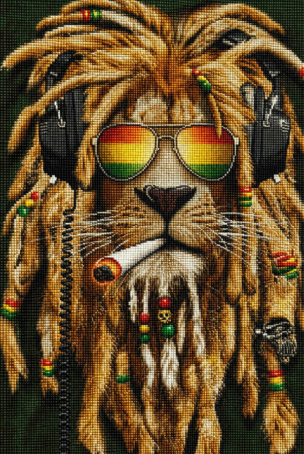 Diamond Painting eines Löwen mit Dreadlocks, Sonnenbrille und Kopfhörern im Reggae-Stil. Mockup.