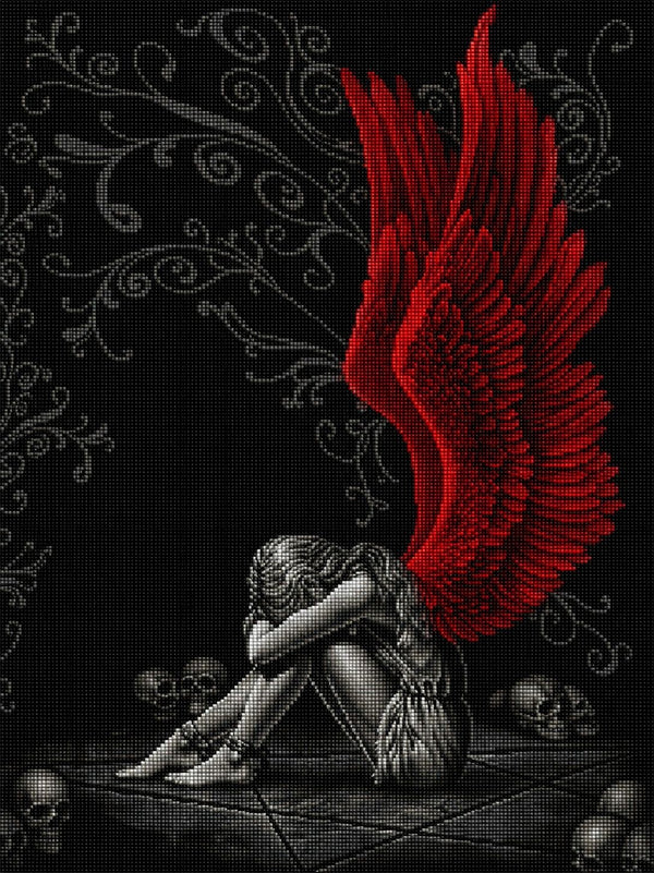 Diamond Painting mit dunklem Engel und roten Flügeln vor schwarzem Hintergrund im Gothic-Stil. Mockup.