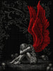 Diamond Painting mit dunklem Engel und roten Flügeln vor schwarzem Hintergrund im Gothic-Stil. Mockup.