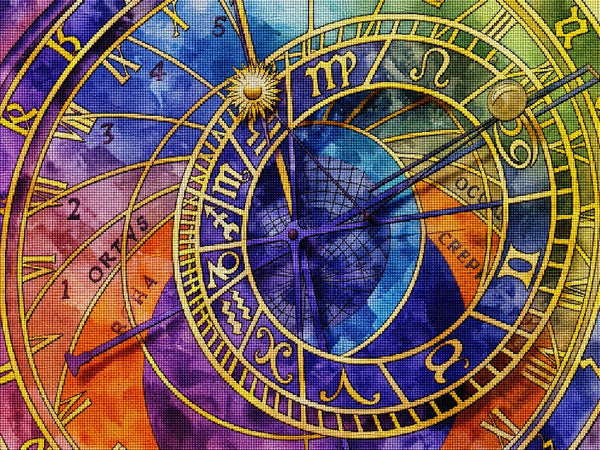 Diamond Painting mit astronomischer Uhr, Tierkreiszeichen und farbigem Aquarellhintergrund. Mockup.
