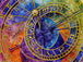 Diamond Painting mit astronomischer Uhr, Tierkreiszeichen und farbigem Aquarellhintergrund. Mockup.