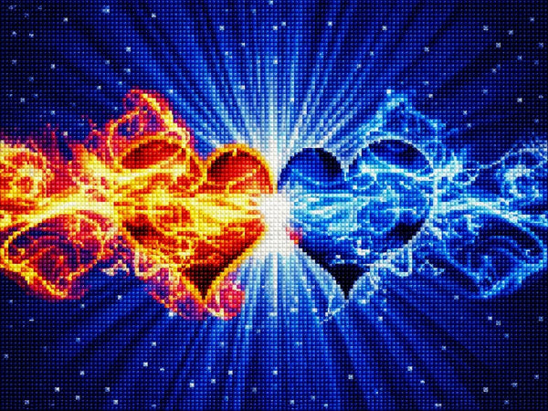 Diamond Painting mit zwei Herzen aus Feuer und Eis vor leuchtendem Sternenhintergrund. Mockup.