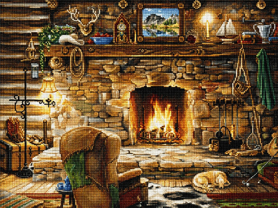 Diamond Painting mit rustikaler Berghütte, Natursteinkamin, Ohrensessel und schlafendem Hund. Mockup.