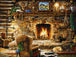 Diamond Painting mit rustikaler Berghütte, Natursteinkamin, Ohrensessel und schlafendem Hund. Mockup.