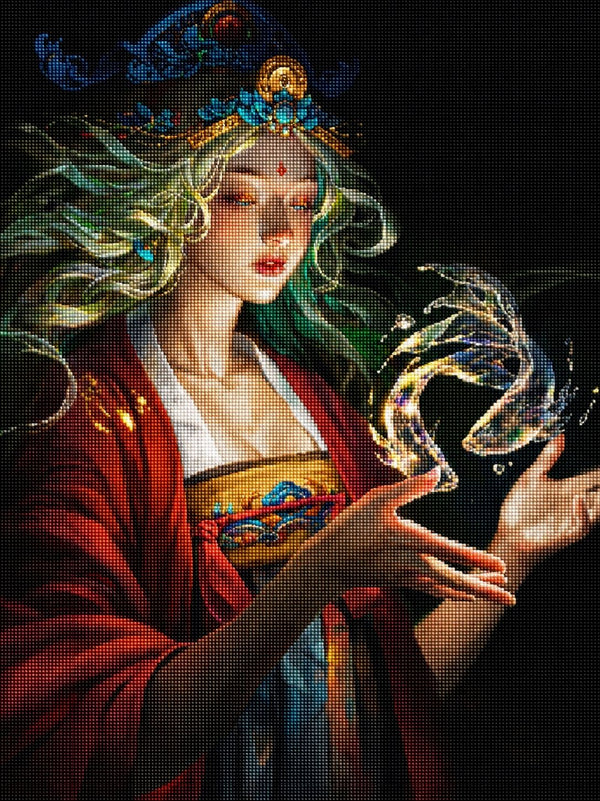 Diamond Painting mit mystischer Hüterin und zwei leuchtenden Fischen aus Wasser und Licht. Mockup.
