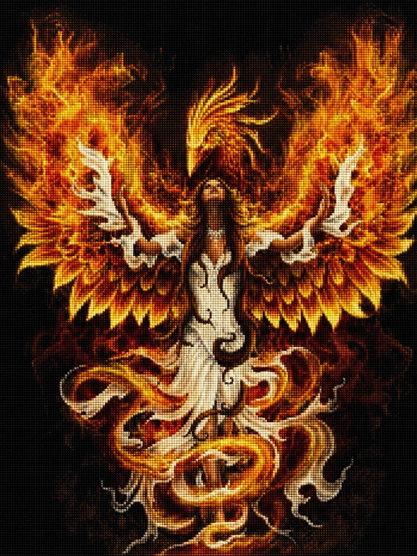 Diamond Painting mit Feuerengel und Phönix aus lodernden Flammen vor schwarzem Hintergrund. Mockup.