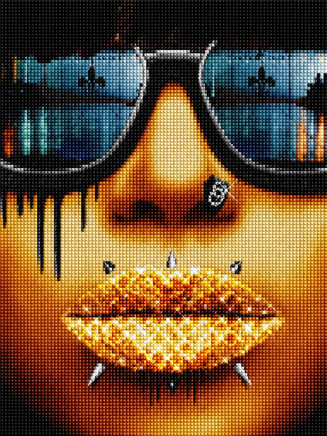 Diamond Painting mit goldenen glitzernden Lippen, Sonnenbrille und Piercings im Pop-Art-Stil. Mockup.