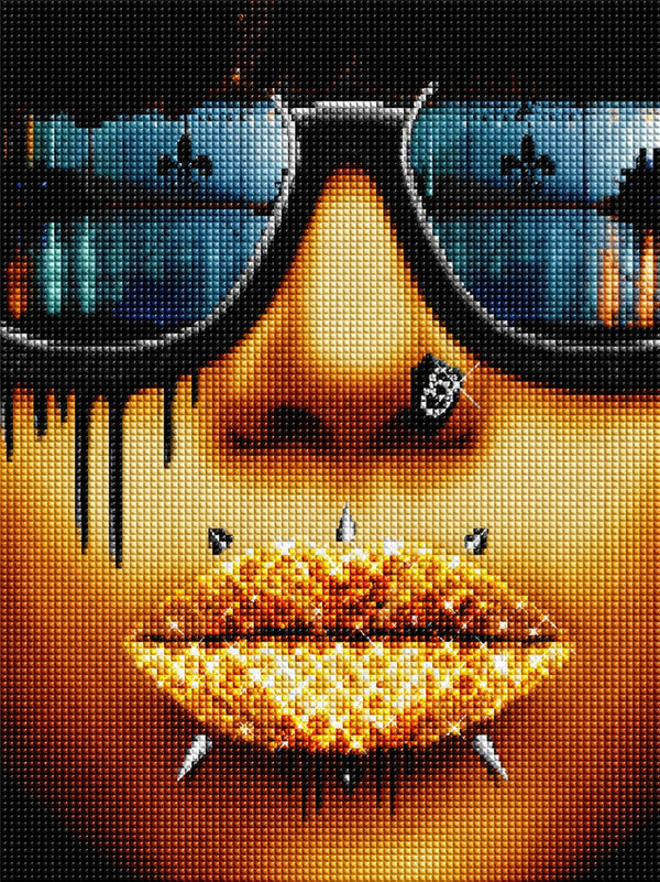 Diamond Painting mit goldenen glitzernden Lippen, Sonnenbrille und Piercings im Pop-Art-Stil. Mockup.