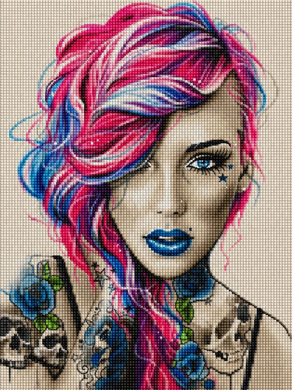 Diamond Painting mit Punk Girl, pink-blauen Haaren, Tattoos und blauen Lippen im modernen Illustrationsstil. Mockup.