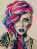 Diamond Painting mit Punk Girl, pink-blauen Haaren, Tattoos und blauen Lippen im modernen Illustrationsstil. Mockup.