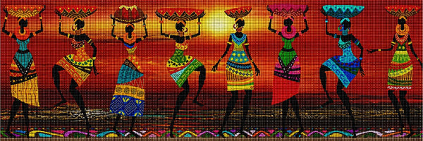 Diamond Painting Panorama von afrikanischen Frauen in bunten Kleidern, die Schalen auf dem Kopf tragen. Mockup.