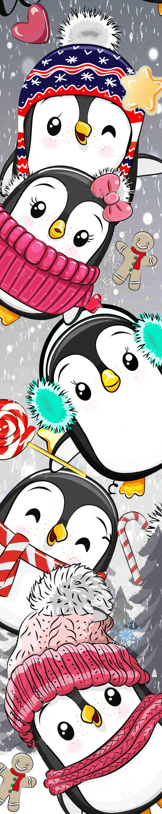 Diamond Painting von mehreren Pinguinen mit Mützen, Schals und winterlichen Süßigkeiten im Hochformat.