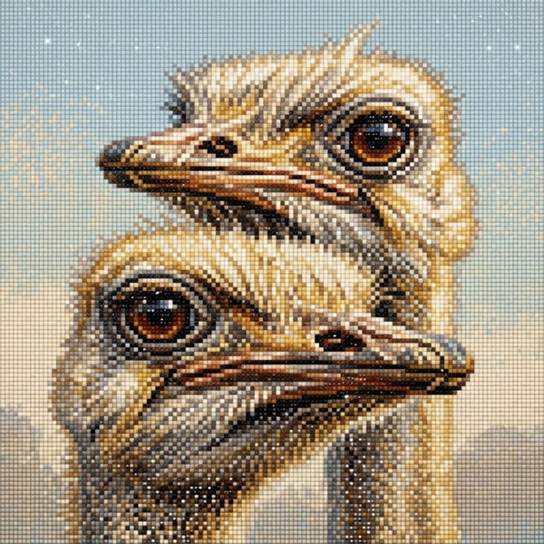 Diamond Painting von zwei eng aneinandergekuschelten Straußenköpfen mit großen braunen Augen im Porträt-Stil. Mockup.