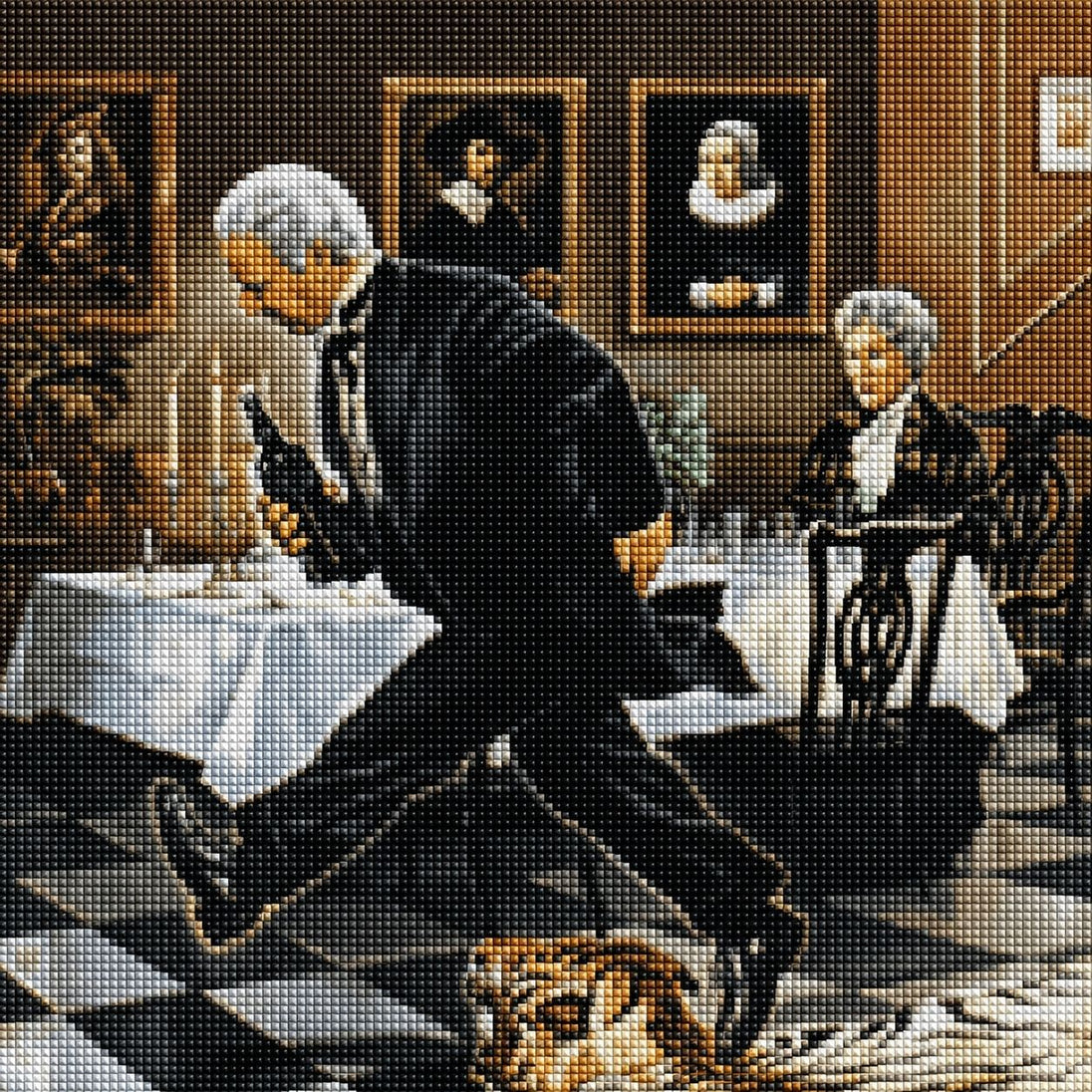 Diamond Painting Szene aus Dinner for One mit Butler James, der über einen Tigerteppich im Speisesaal stolpert. Mockup.