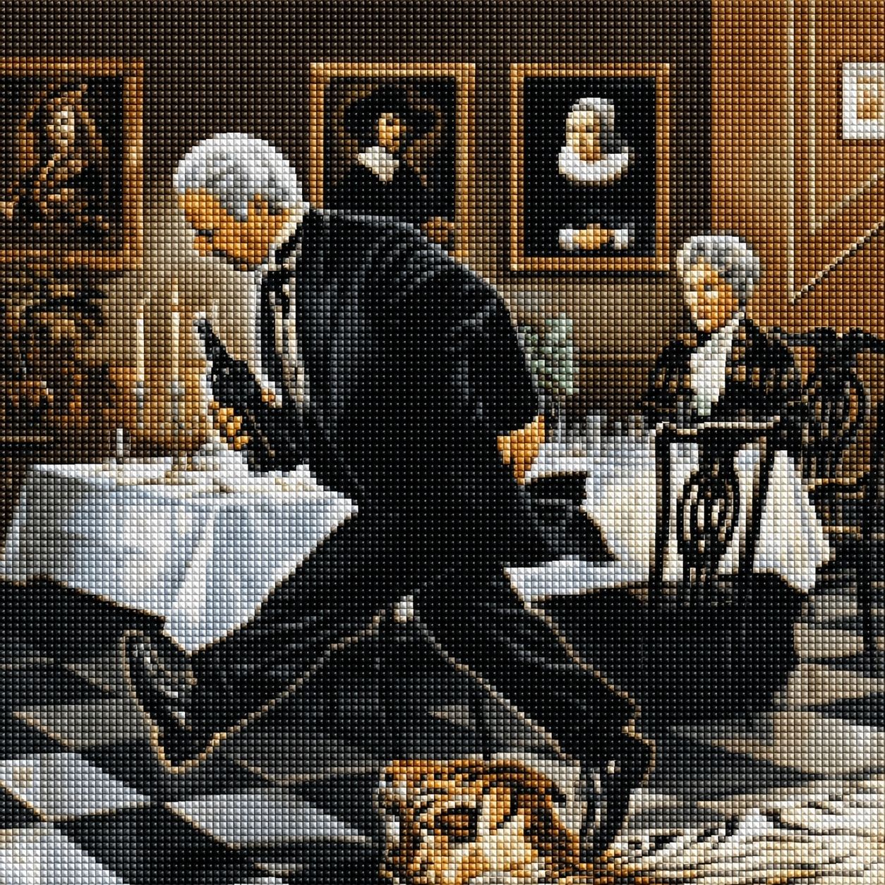 Diamond Painting Szene aus Dinner for One mit Butler James, der über einen Tigerteppich im Speisesaal stolpert. Mockup.