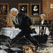 Diamond Painting Szene aus Dinner for One mit Butler James, der über einen Tigerteppich im Speisesaal stolpert. Mockup.