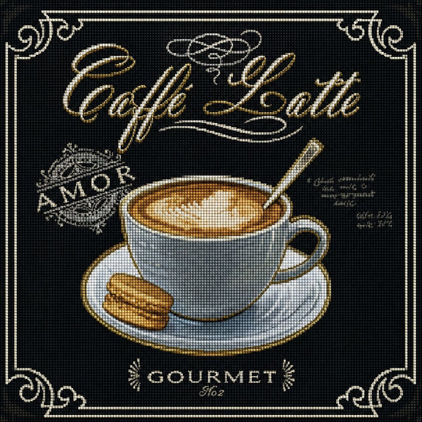 Diamond Painting im Kreidestil einer Tasse Caffè Latte mit Keks und dekorativem Schriftzug auf schwarzem Grund. Mockup.