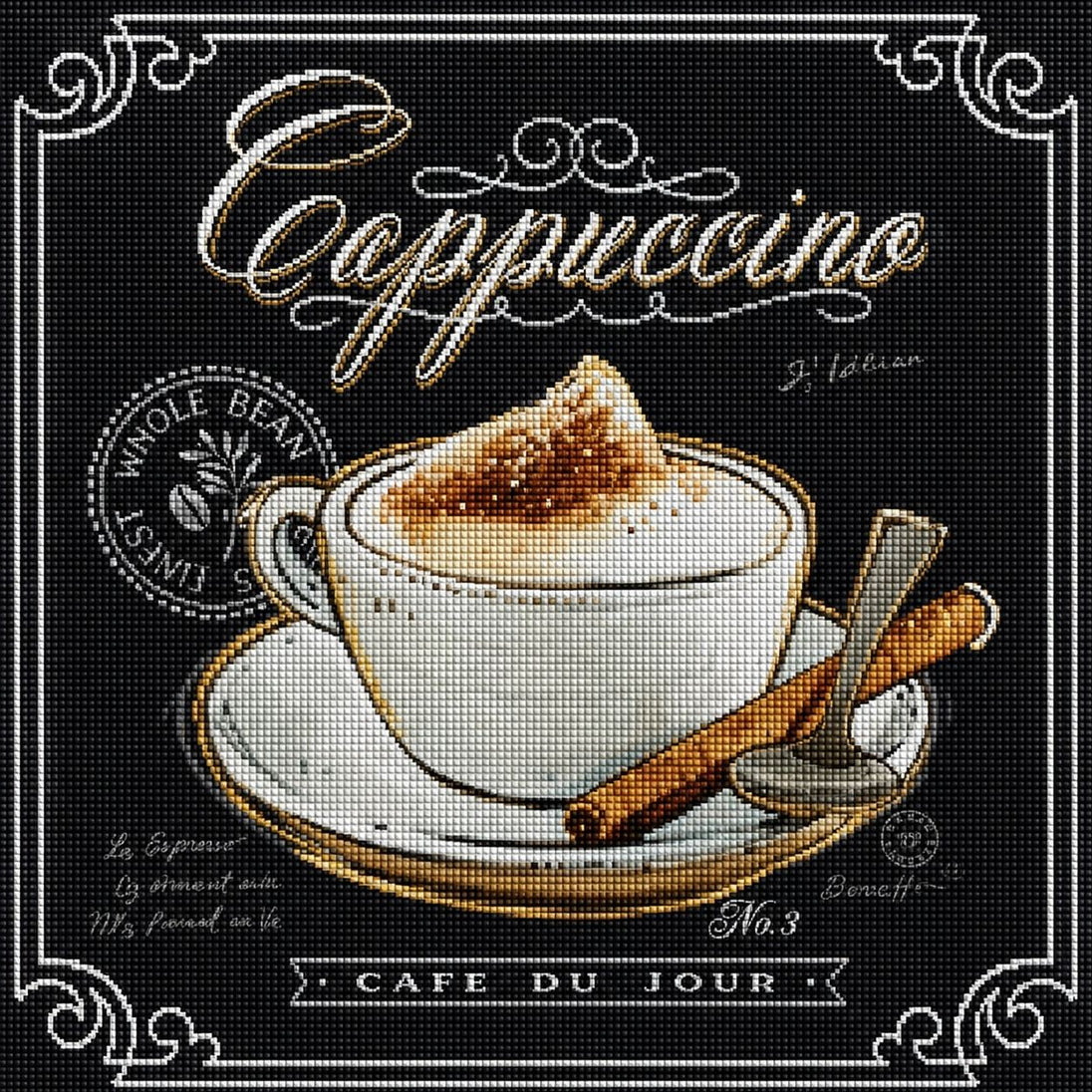 Diamond Painting Tafel-Stil mit Cappuccino-Tasse, Löffel und Zimtstange inklusive dekorativer Schriftzüge. Mockup.