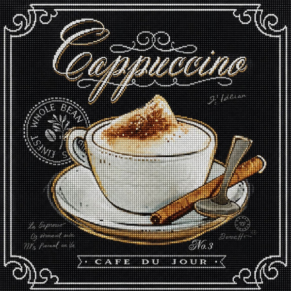 Diamond Painting Tafel-Stil mit Cappuccino-Tasse, Löffel und Zimtstange inklusive dekorativer Schriftzüge. Mockup.
