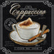 Diamond Painting Tafel-Stil mit Cappuccino-Tasse, Löffel und Zimtstange inklusive dekorativer Schriftzüge. Mockup.