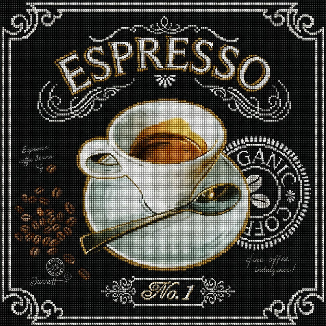 Diamond Painting Grafik einer Espresso-Tasse mit Kaffeebohnen und Löffel im Kreide-Design auf schwarzem Untergrund. Mockup.