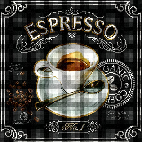 Diamond Painting Grafik einer Espresso-Tasse mit Kaffeebohnen und Löffel im Kreide-Design auf schwarzem Untergrund. Mockup.