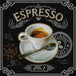 Diamond Painting Grafik einer Espresso-Tasse mit Kaffeebohnen und Löffel im Kreide-Design auf schwarzem Untergrund. Mockup.