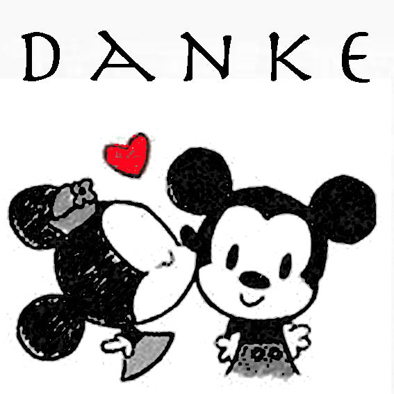 Diamond Painting Skizze von Micky und Minnie Maus, die sich küssen, mit einem roten Herz und dem Schriftzug DANKE.