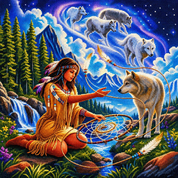 Diamond Painting einer knienden indigenen Frau mit Wolf und Geisterwölfen am Himmel über einem Wasserfall. Mockup.