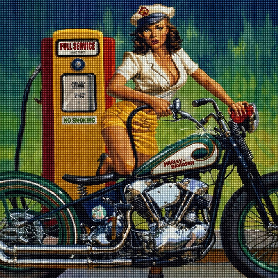 Diamond Painting mit Pin-up-Frau an Vintage-Zapfsäule neben klassischem Motorrad im Retro-Stil. Mockup.