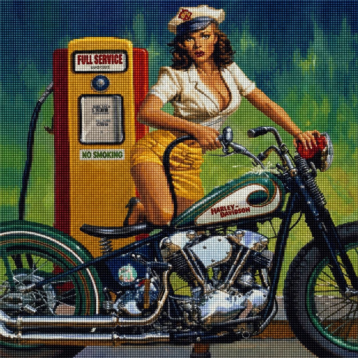 Diamond Painting mit Pin-up-Frau an Vintage-Zapfsäule neben klassischem Motorrad im Retro-Stil. Mockup.