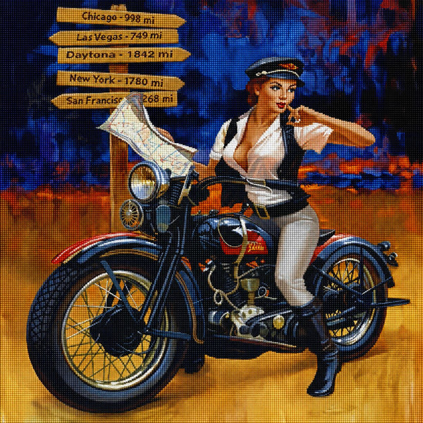 Diamond Painting mit Pin-up-Bikerin auf klassischem Motorrad vor Wegweiser im Retro-Stil. Mockup.